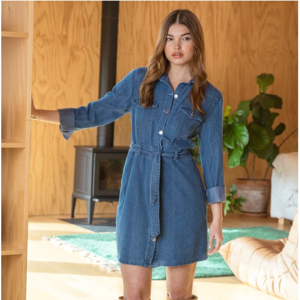 SAHARA CLASSIC INDIGO DRESS DENIM BUTTON DOWN DRESS WITH WAIST TIE LONG SLEEVE